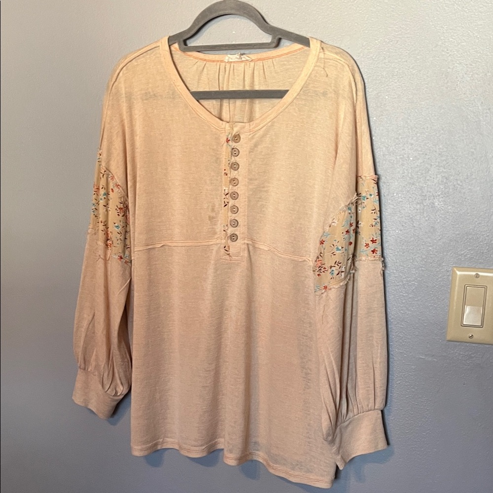 Easel Beige Button-Down Blouse with Floral Accents